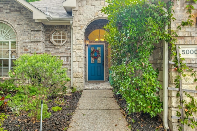 5000 Stonecrest Dr, Mckinney, TX 75071 - entrance to property featuring a shingled roof and stone siding