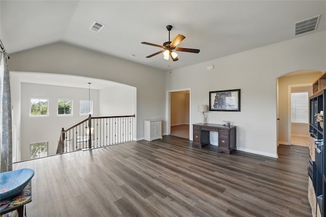 400 Sterling Rdg, Lantana, TX 76226 - living area featuring dark wood finished floors, visible vents, a ceiling fan, and arched walkways