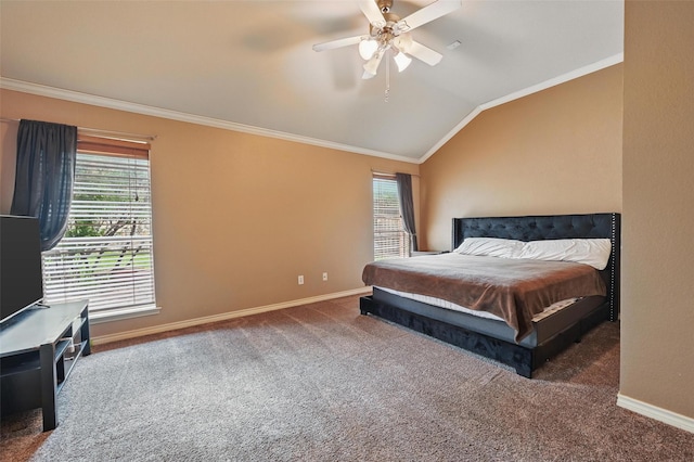 bedroom with crown molding, baseboards, carpet floors, and vaulted ceiling