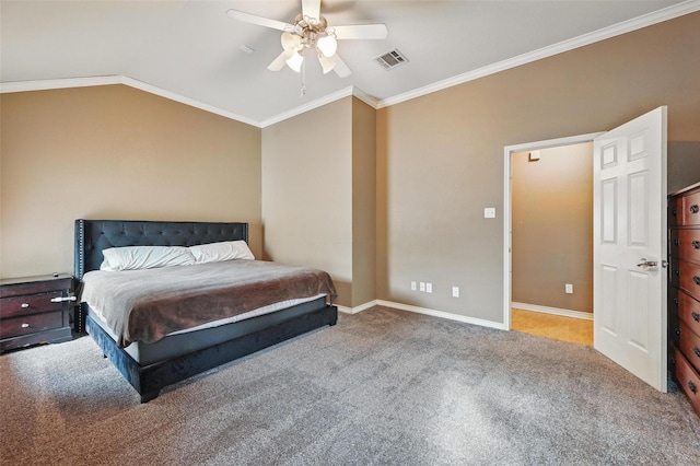 bedroom featuring ceiling fan, carpet, lofted ceiling, visible vents, and ornamental molding