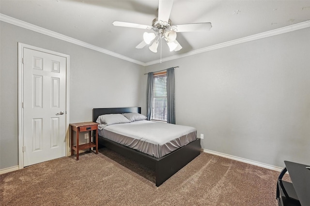carpeted bedroom featuring crown molding, a ceiling fan, and baseboards