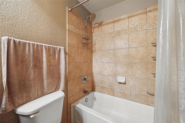 full bathroom with toilet and shower / bathtub combination with curtain