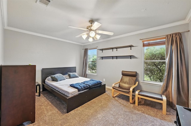 bedroom with visible vents, carpet flooring, multiple windows, and ornamental molding