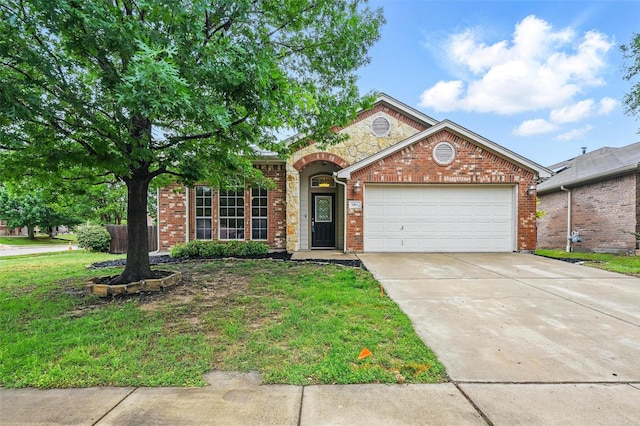 view of front of home featuring a garage, a front yard, driveway, and brick siding