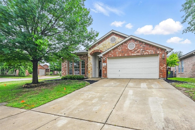 ranch-style house with brick siding, an attached garage, driveway, and a front yard