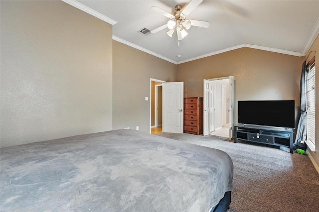 carpeted bedroom featuring ceiling fan, visible vents, vaulted ceiling, baseboards, and ornamental molding
