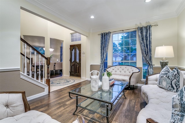 living room featuring crown molding, recessed lighting, stairs, and wood finished floors