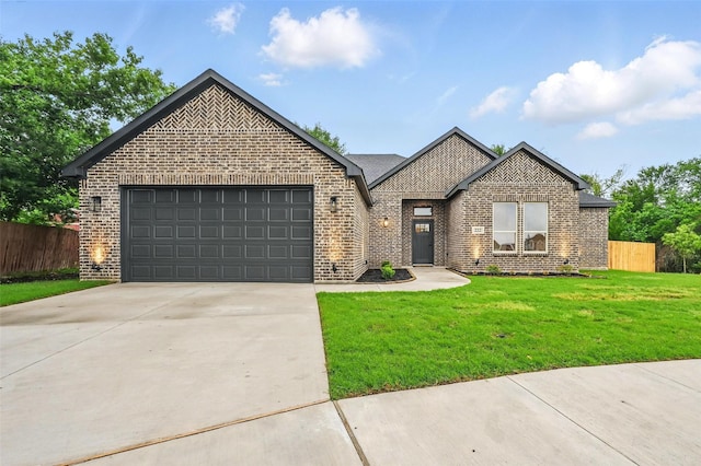 view of front of home featuring brick siding, a garage, fence, and concrete driveway