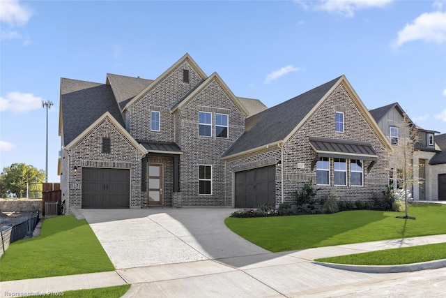 craftsman house with a front lawn, central AC, brick siding, an attached garage, and driveway