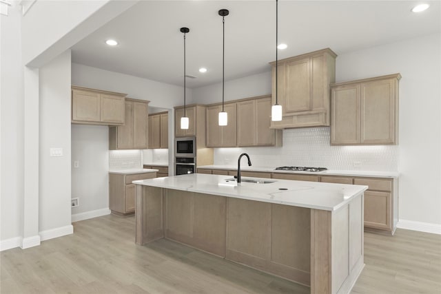 2206 Stratford Rd, Rockwall, TX 75087 - kitchen with a sink, stainless steel appliances, light wood-type flooring, backsplash, and recessed lighting