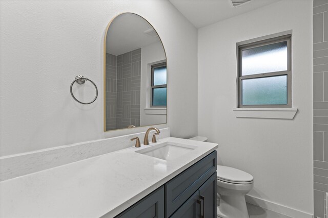 bathroom with toilet, vanity, plenty of natural light, and a shower