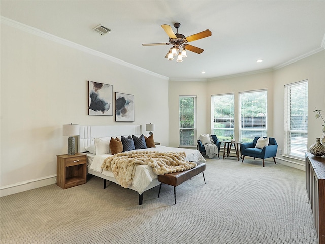 bedroom featuring recessed lighting, visible vents, light carpet, and ornamental molding