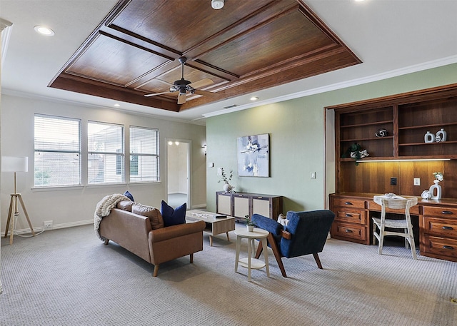 living area with ornamental molding, light carpet, baseboards, ceiling fan, and wood ceiling