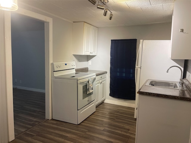 kitchen with white cabinets, a sink, baseboards, dark wood-type flooring, and white electric stove
