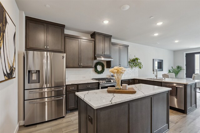 kitchen with a sink, light wood-style flooring, stainless steel appliances, a peninsula, and under cabinet range hood