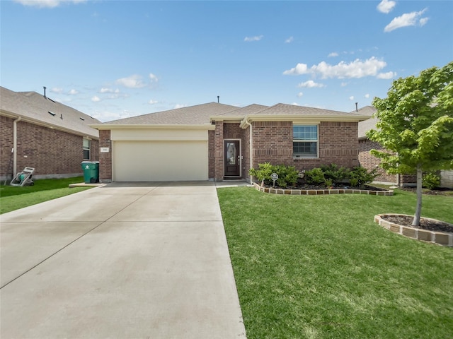 1151 Rumble Ln, Fate, TX 75087 - ranch-style home with a garage, concrete driveway, a front lawn, and brick siding