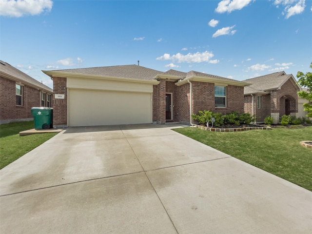 1151 Rumble Ln, Fate, TX 75087 - single story home with a garage, a front yard, roof with shingles, brick siding, and concrete driveway