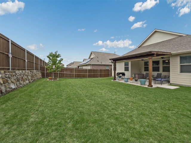 1151 Rumble Ln, Fate, TX 75087 - view of yard featuring a fenced backyard, a ceiling fan, a patio, and an outdoor hangout area