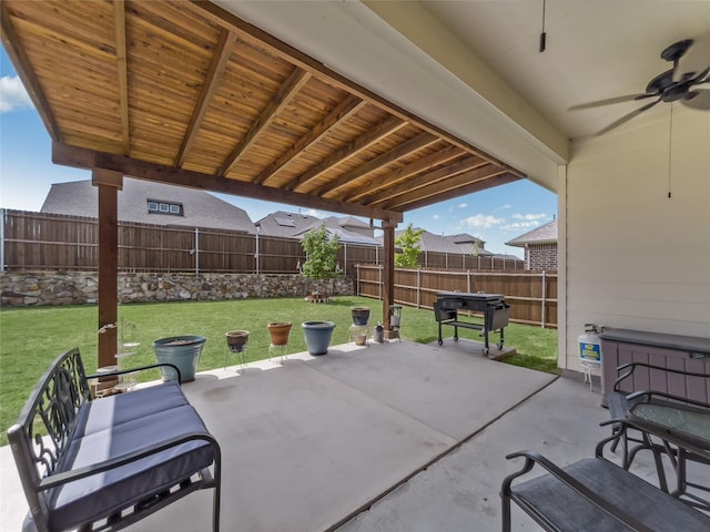 1151 Rumble Ln, Fate, TX 75087 - view of patio / terrace with a fenced backyard and a ceiling fan