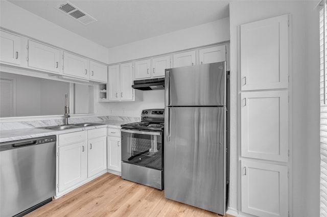 6040 Stoneybrook Dr, Fort Worth, TX 76112 - kitchen with visible vents, white cabinetry, under cabinet range hood, a sink, and appliances with stainless steel finishes