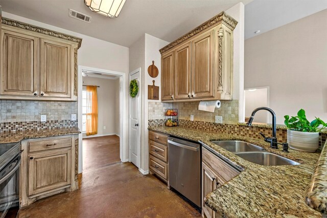 kitchen featuring visible vents, finished concrete flooring, stone countertops, a sink, and stainless steel appliances