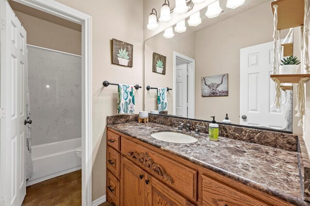 full bath with toilet, shower / bathing tub combination, and vanity