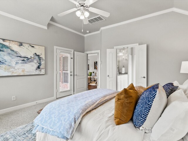 bedroom with access to outside, carpet floors, baseboards, visible vents, and ornamental molding