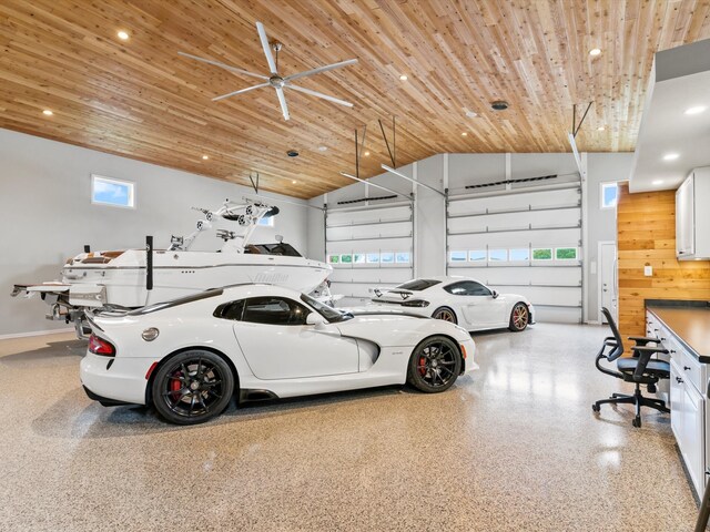 garage featuring wooden ceiling and recessed lighting