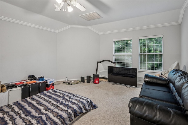 bedroom featuring visible vents, ornamental molding, lofted ceiling, baseboards, and carpet