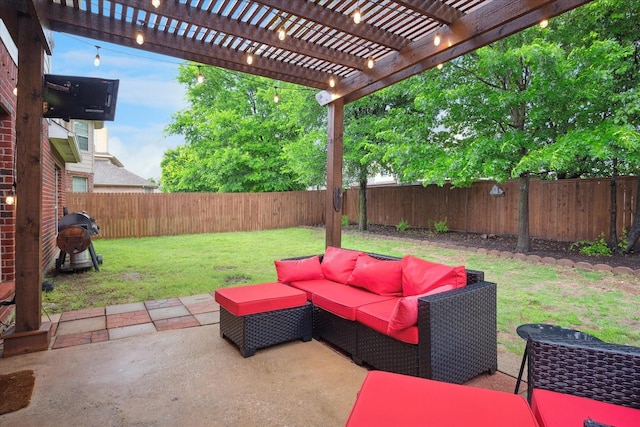 view of patio featuring a fenced backyard, a pergola, an outdoor hangout area, and area for grilling