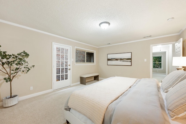 carpeted bedroom with visible vents, ornamental molding, baseboards, access to outside, and a textured ceiling