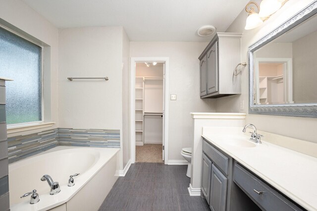 bathroom featuring vanity, toilet, a bath, and a walk in closet