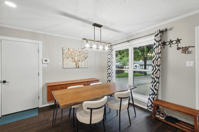 dining space featuring ornamental molding, a textured ceiling, and dark wood-type flooring
