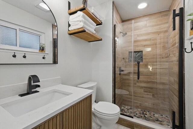 bathroom featuring vanity, a stall shower, and toilet