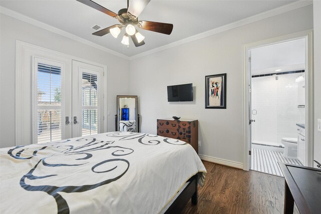 bedroom with crown molding, access to outside, dark wood finished floors, baseboards, and visible vents
