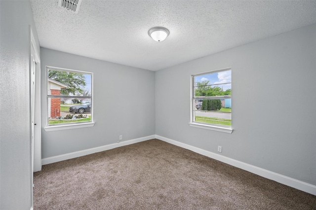 spare room featuring visible vents, a textured ceiling, carpet floors, and a healthy amount of sunlight