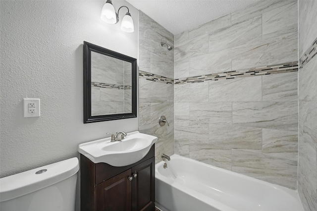 full bath with toilet, a textured ceiling, washtub / shower combination, and vanity