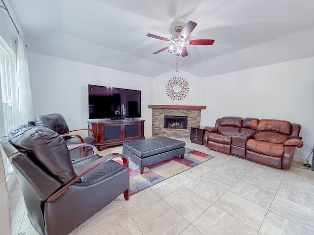 200 Meadowside Dr, Mansfield, TX 76063 - living area featuring vaulted ceiling, ceiling fan, a fireplace, and light marble finish flooring