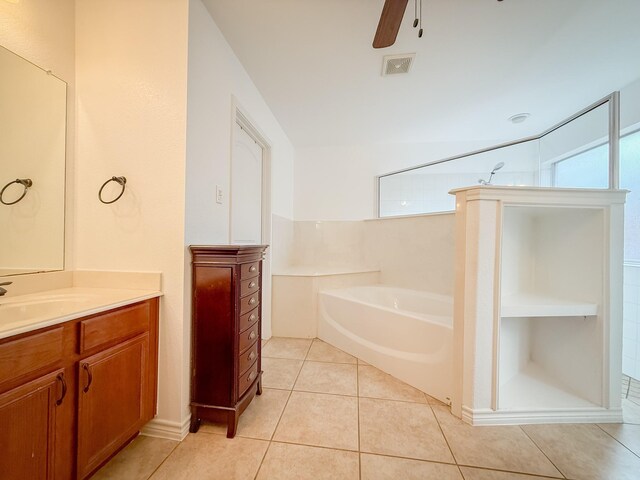 full bathroom with visible vents, a garden tub, vanity, a shower, and a ceiling fan