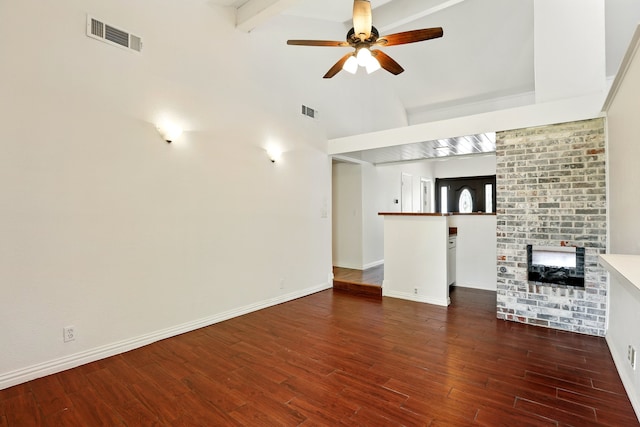 unfurnished living room with baseboards, ceiling fan, wood finished floors, and visible vents