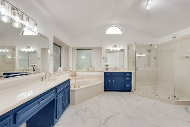 913 Vince Ln, Desoto, TX 75115 - bathroom with vaulted ceiling, a sink, a garden tub, and a stall shower