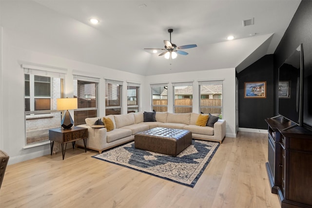 1248 Starlight Ave, Aubrey, TX 76227 - living room featuring baseboards, vaulted ceiling, ceiling fan, light wood-type flooring, and recessed lighting