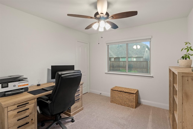 1248 Starlight Ave, Aubrey, TX 76227 - office area featuring a ceiling fan, light colored carpet, and baseboards