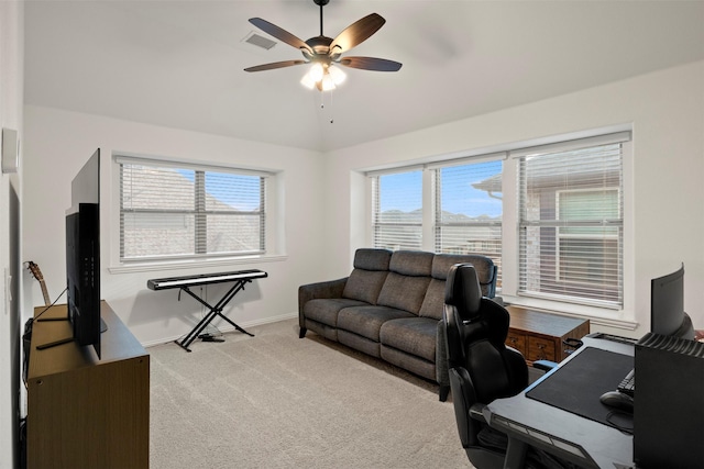 1248 Starlight Ave, Aubrey, TX 76227 - carpeted home office featuring a ceiling fan, vaulted ceiling, and baseboards