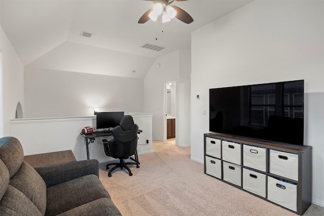 1248 Starlight Ave, Aubrey, TX 76227 - office area with a ceiling fan, carpet floors, lofted ceiling, and baseboards