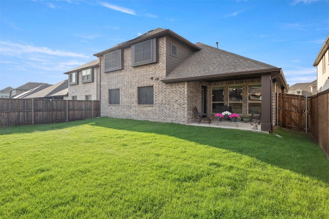 1248 Starlight Ave, Aubrey, TX 76227 - rear view of house featuring a patio area, roof with shingles, and brick siding