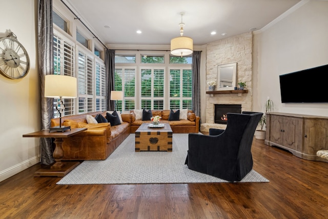2206 Glasgow Dr, Trophy Club, TX 76262 - living area featuring ornamental molding, wood finished floors, a fireplace, baseboards, and recessed lighting