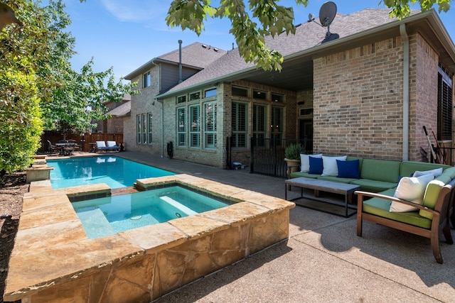 2206 Glasgow Dr, Trophy Club, TX 76262 - view of swimming pool featuring outdoor lounge area, a patio area, a fenced backyard, and a pool with connected hot tub