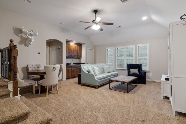 2206 Glasgow Dr, Trophy Club, TX 76262 - living room with ceiling fan, light colored carpet, arched walkways, vaulted ceiling, and recessed lighting