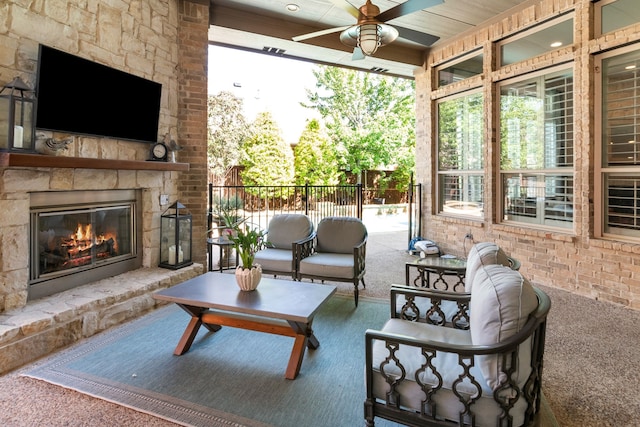 2206 Glasgow Dr, Trophy Club, TX 76262 - view of patio / terrace featuring an outdoor living space with a fireplace and ceiling fan